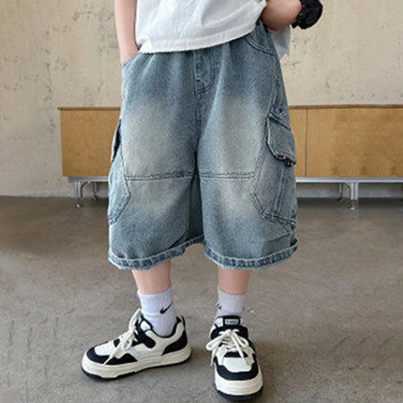 Boys Summer Fashion Ripped Denim Shorts 5-14 Years Kids Cool Big Pocket Cargo Pants Teen Casual Loose Knee-Length Sweatpants