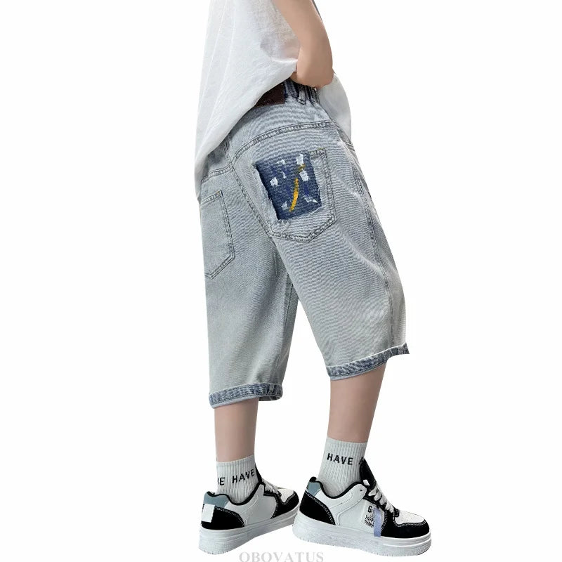 New Summer Kids Denim Shorts with Pockets For Teens Boy Slim Fit Mid-Calf Jeans Pants Teenage Child Causal Ripped Crystal Shorts