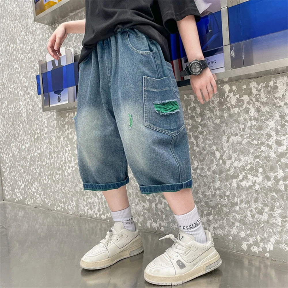 Teen Children's Shorts 2025 Summer New Kids Denim pants thin pants large children loose Boys with five Quarter pants 4-15Years