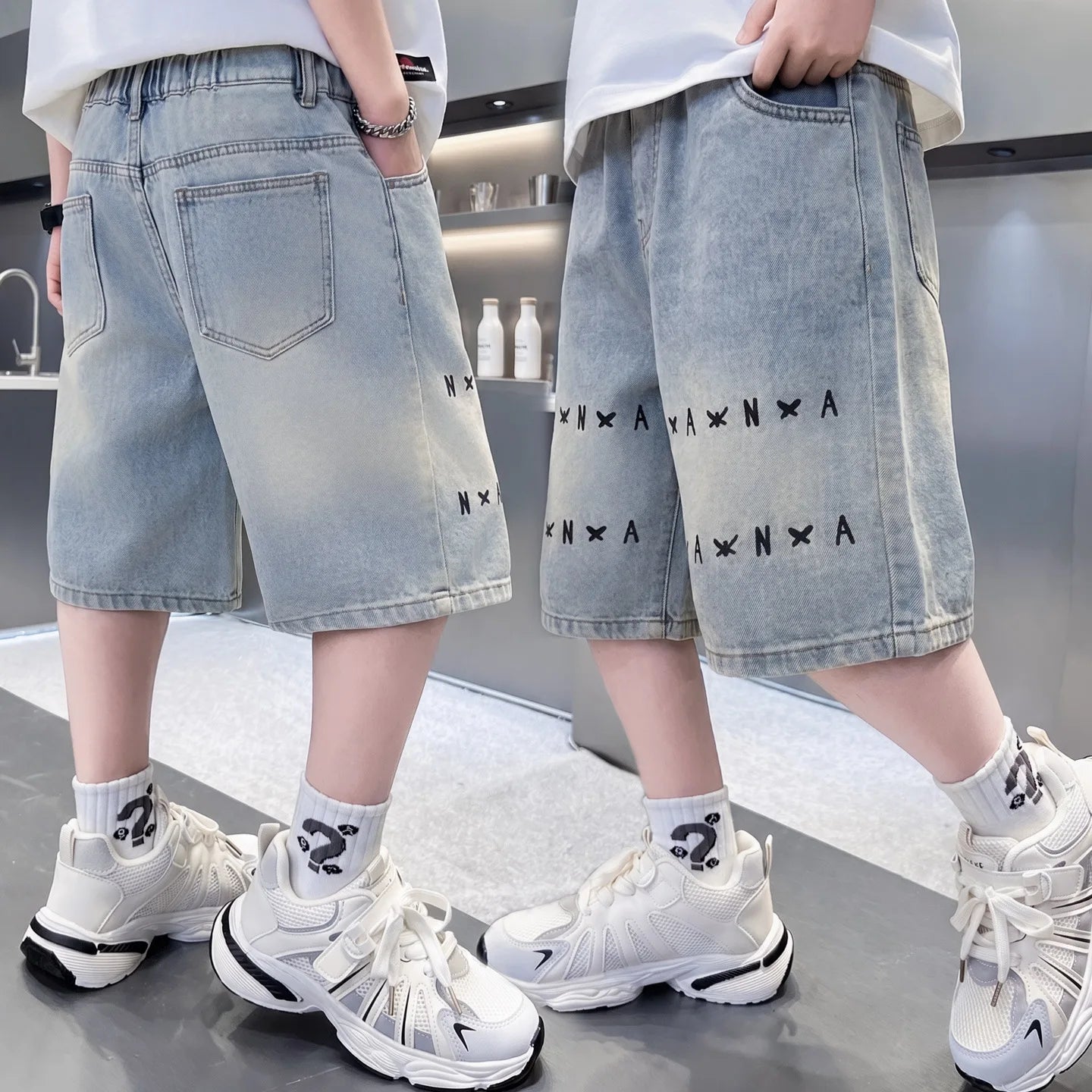 Boys letter Denim Shorts Teen Boys Casual Knee-Length Jeans Teenage Child Blue Denim With Y2K Fashion Style Trousers Ages 5-14Y