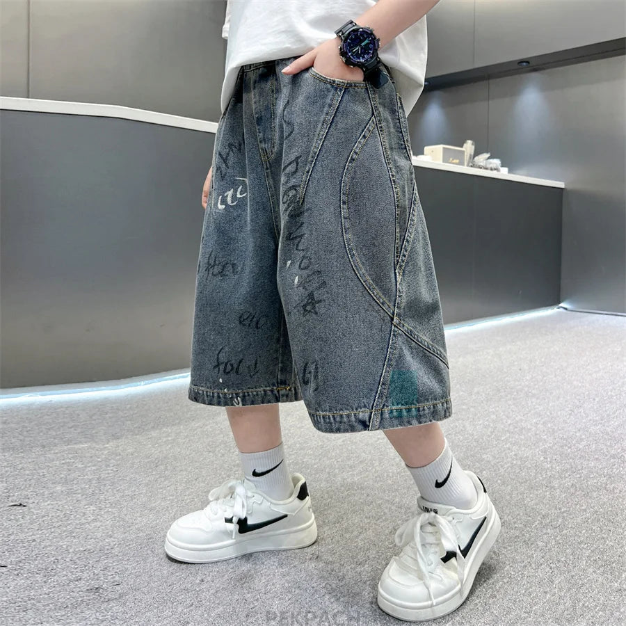 New Summer Kids Children Gray Blue Color Denim Shorts with Drawstrings for Teenage Boys Knee Length Baggy Jeans Capris Pants