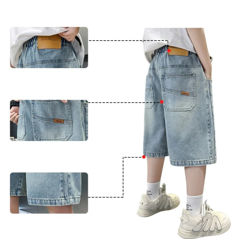 Boys Denim Shorts Teen Boys Casual Knee-Length Jeans Teenage Child Blue Denim With Y2K Fashion Style Trousers Toddler Ages 4-14Y