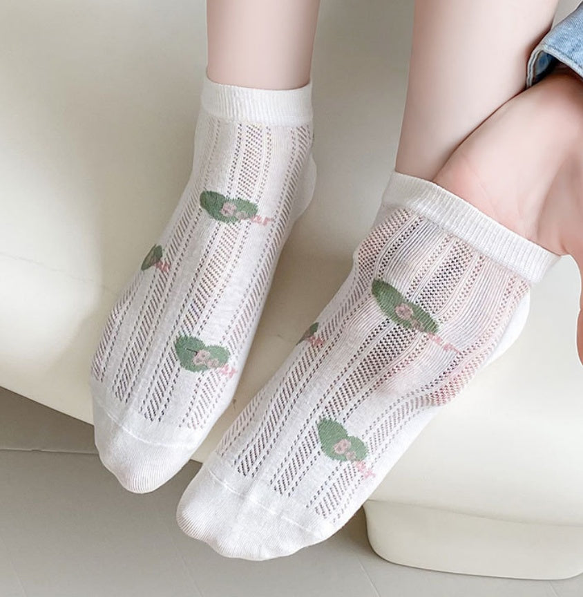 6pairs Embroidered Flower Short Socks For Women, Thin Boat Socks, Mesh Breathable Socks, Teddy Bear Love Short Tube Socks For Women