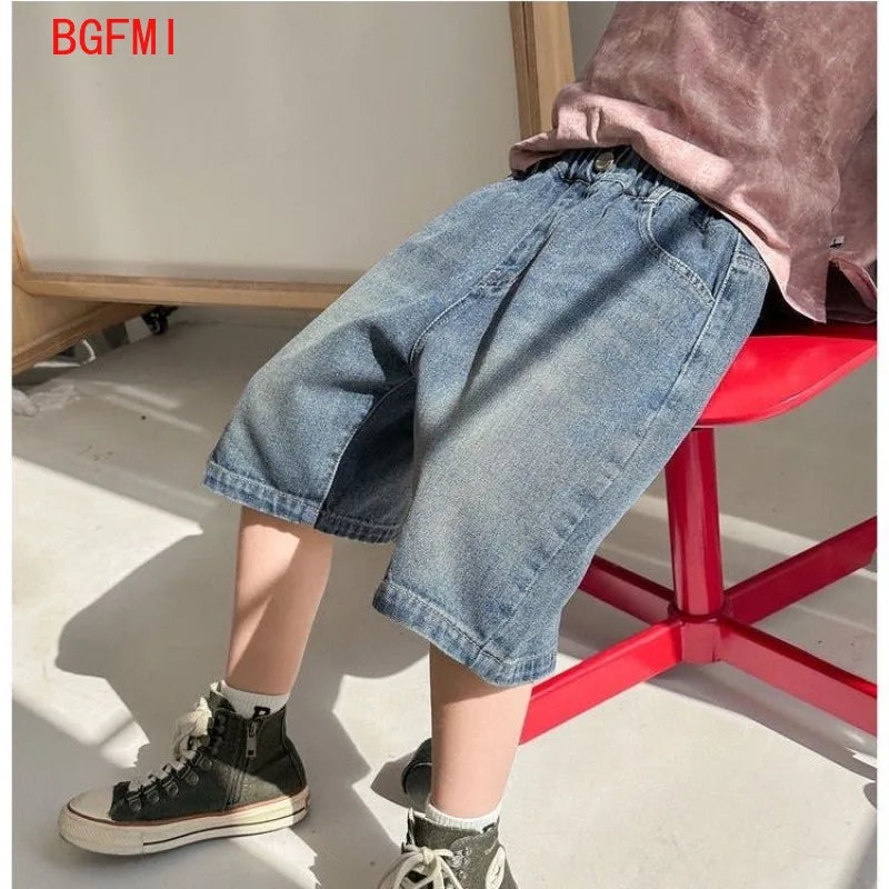 Korean Kids Boy Loose Straight Casual Jeans Shorts Child Blue Denim Shorts 4-14Y Junior Bottoms Summer Clothes for Teen Boys