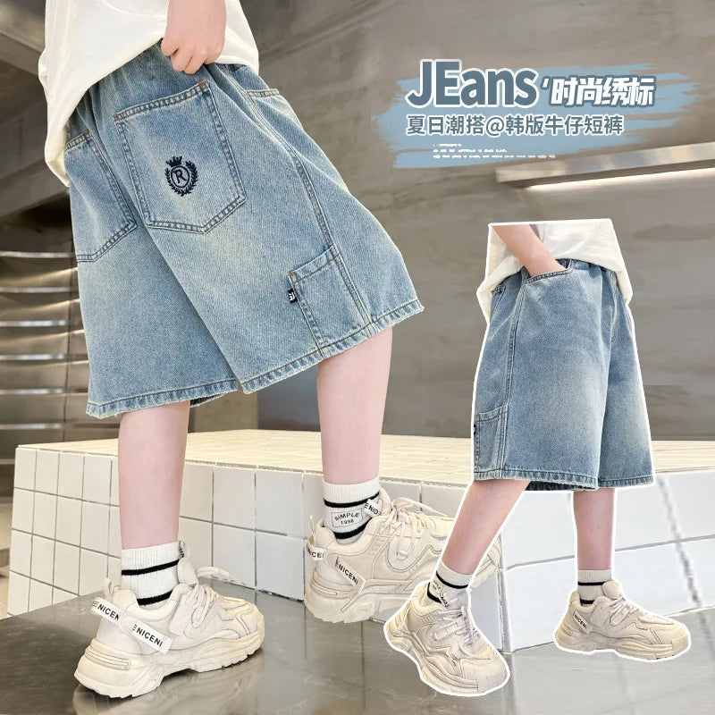 Kids Denim Shorts Teen Boys Casual Knee-Length Jeans Teenage Child Blue Denim With Cartoon Printed Trousers Toddler Ages 4-14Y