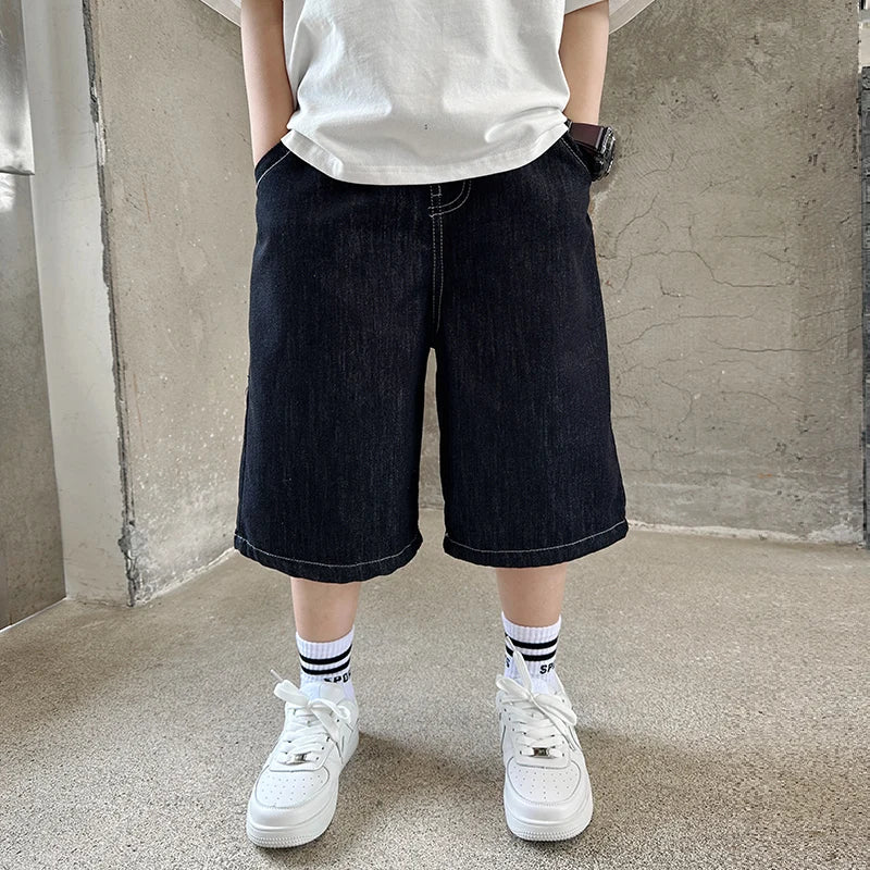 Teenage Child Black Denim With Y2K Fashion Style Trousers Toddler Age 4-14Y Boys Denim Shorts Teen Boys Casual Knee-Length Jeans