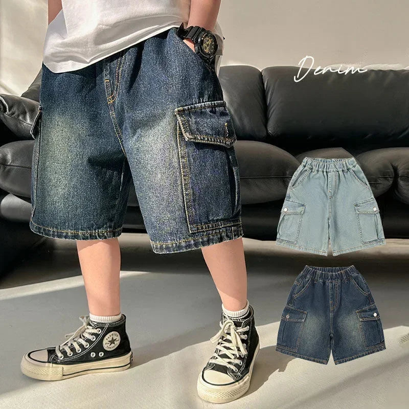 New 2025 Summer Fashion Boys Denim Five-point Pants Kids Casual Solid Thin Denim Shorts Trousers Teen Jeans Children's Clothing