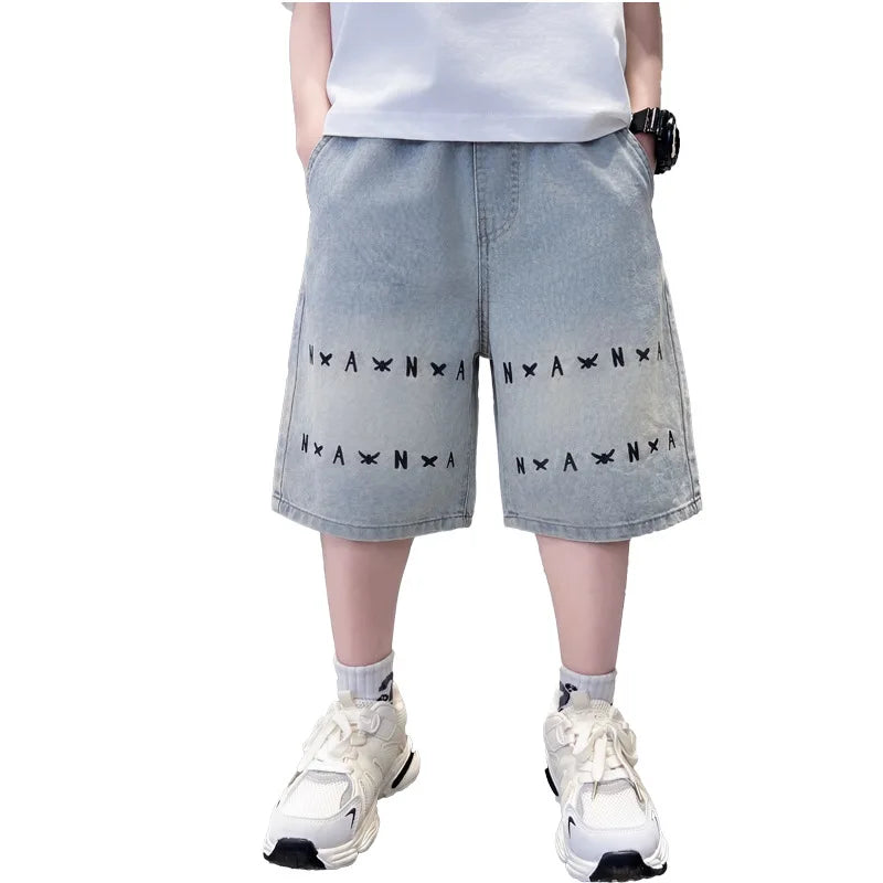 Boys letter Denim Shorts Teen Boys Casual Knee-Length Jeans Teenage Child Blue Denim With Y2K Fashion Style Trousers Ages 5-14Y