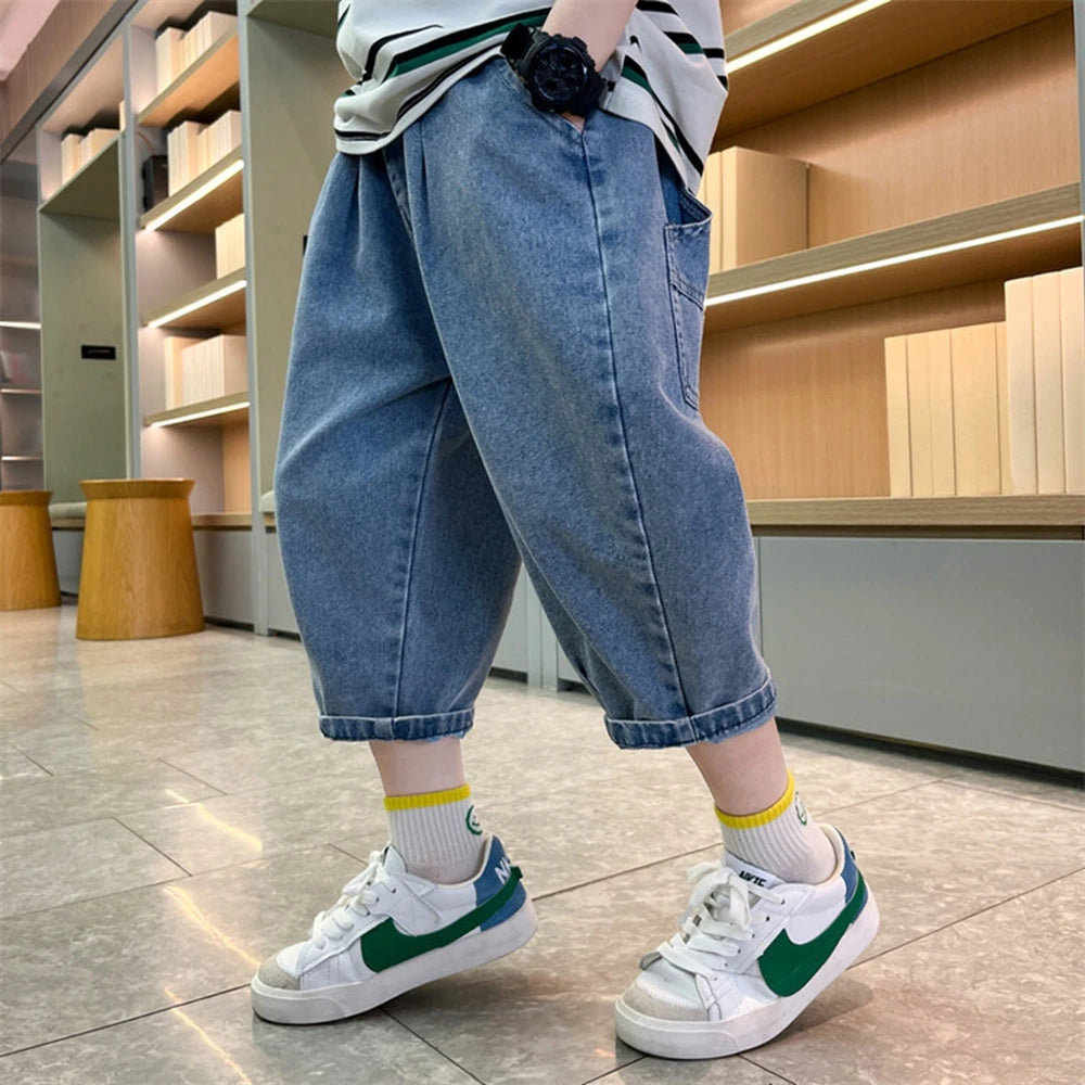 Teen Children's Shorts 2025 Summer New Kids Denim pants thin pants large children loose Boys with five Quarter pants 4-15Years