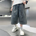 New Summer Kids Children Gray Blue Color Denim Shorts with Drawstrings for Teenage Boys Knee Length Baggy Jeans Capris Pants