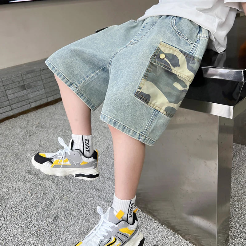 2025 New Summer Kids Child Fashion Jeans Shorts with Camouflage Pocket for Teens Boy Casual Straight Fit Denim Camo Shorts