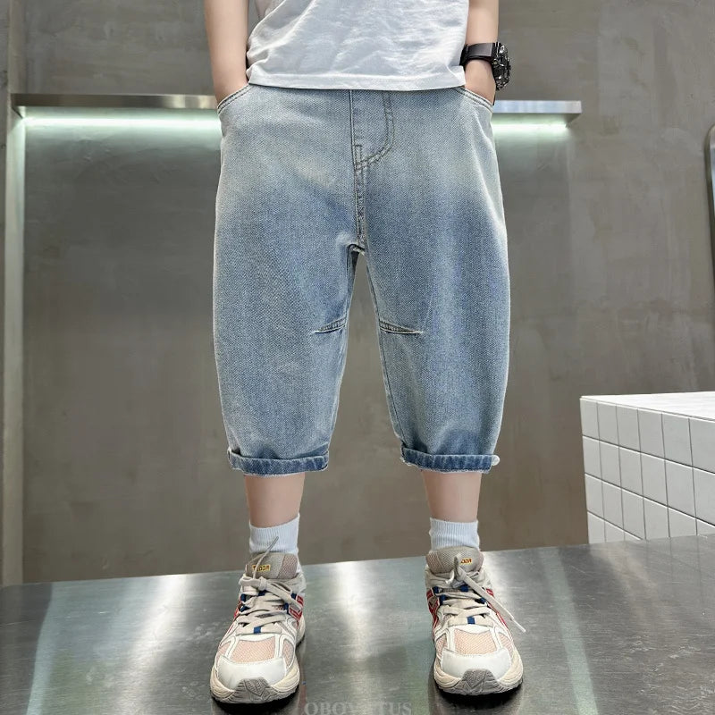 New Fashion Kids Denim Shorts For Boys Summer Hot Sale Cartoon Capris Jeans Teens Children Casual Shorts Bottom Mid-Calf Pants