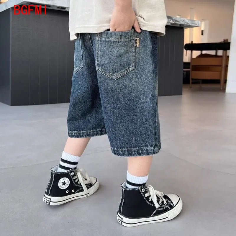 Teen Boys Korean Style Denim Shorts Child Casual Straight Jeans Capris Kids Summer Calf Pants 4-14Y Teenage Casual Short Pants