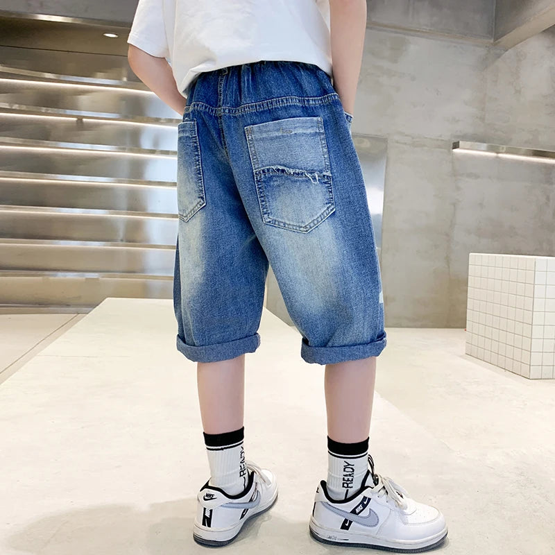Kids Teenager Slim Denim Shorts For Boys Summer Capris Jeans Teens Children Casual Shorts Bottom Letter Print Mid-Calf Pants