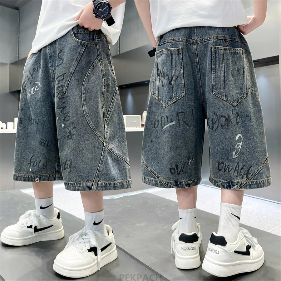 New Summer Kids Children Gray Blue Color Denim Shorts with Drawstrings for Teenage Boys Knee Length Baggy Jeans Capris Pants