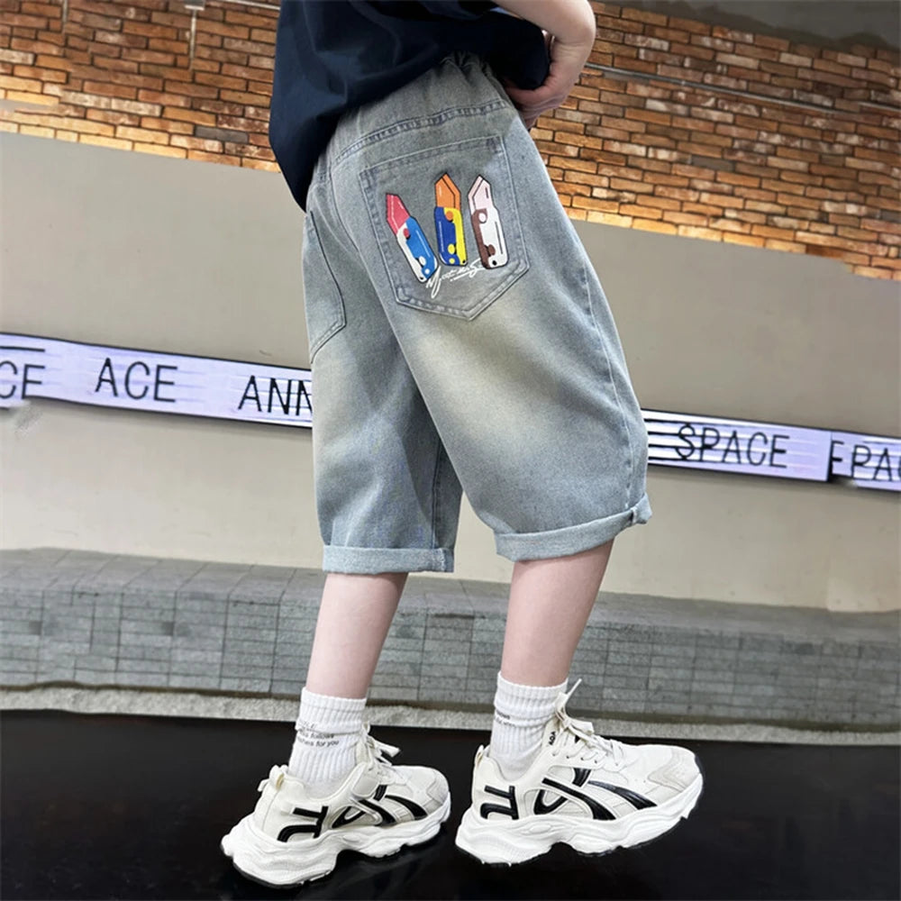 Teen Children's Shorts 2025 Summer New Kids Denim pants thin pants large children loose Boys with five Quarter pants 4-15Years