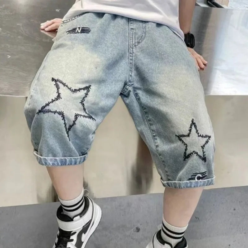 2026 New Boys' Denim Shorts Lightweight Summer Toddler To Teen Loose Fit Mid Length 7/8 Shorts Cotton Blend Hot Sale