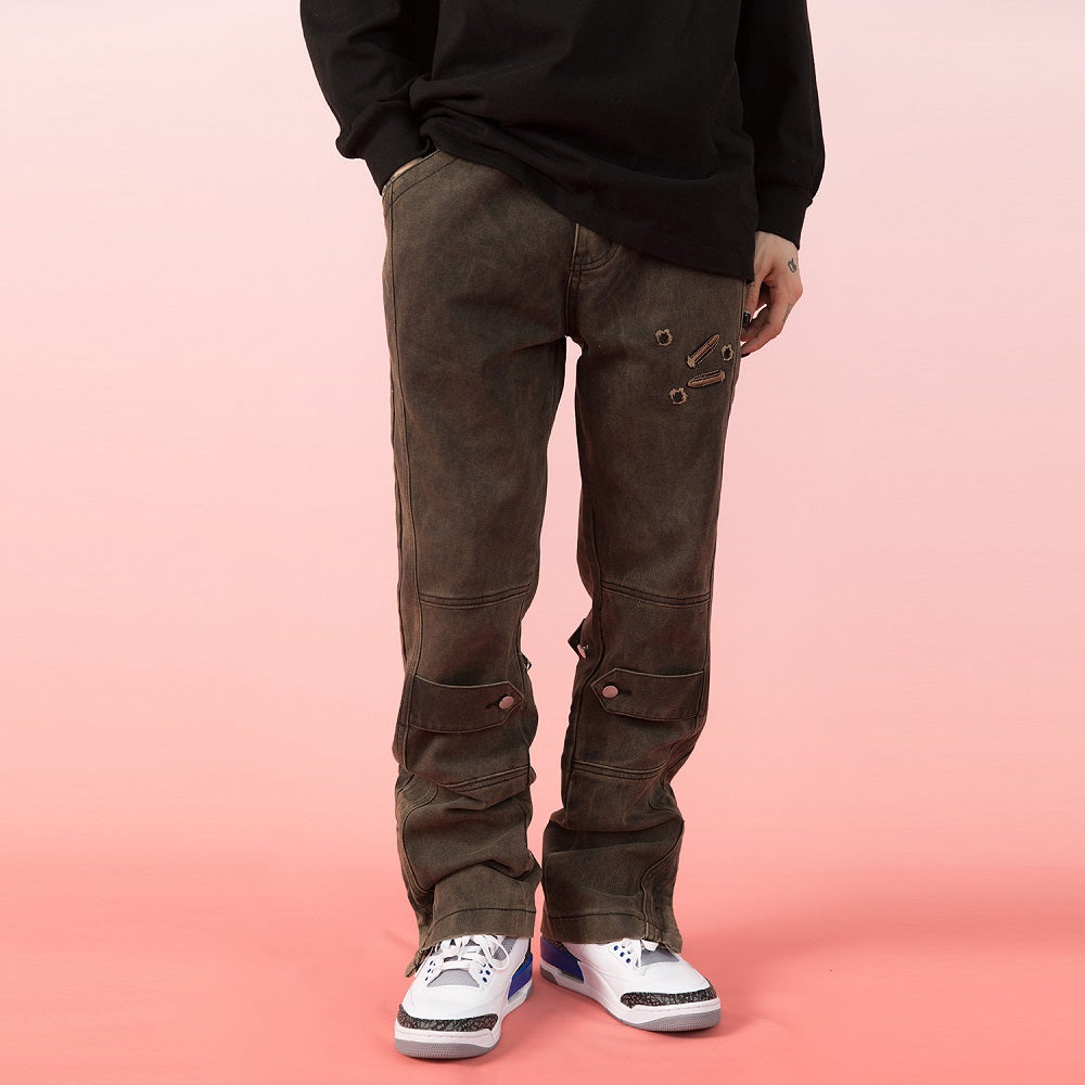 Men's Vintage Washed Distressed Embroidered Jeans