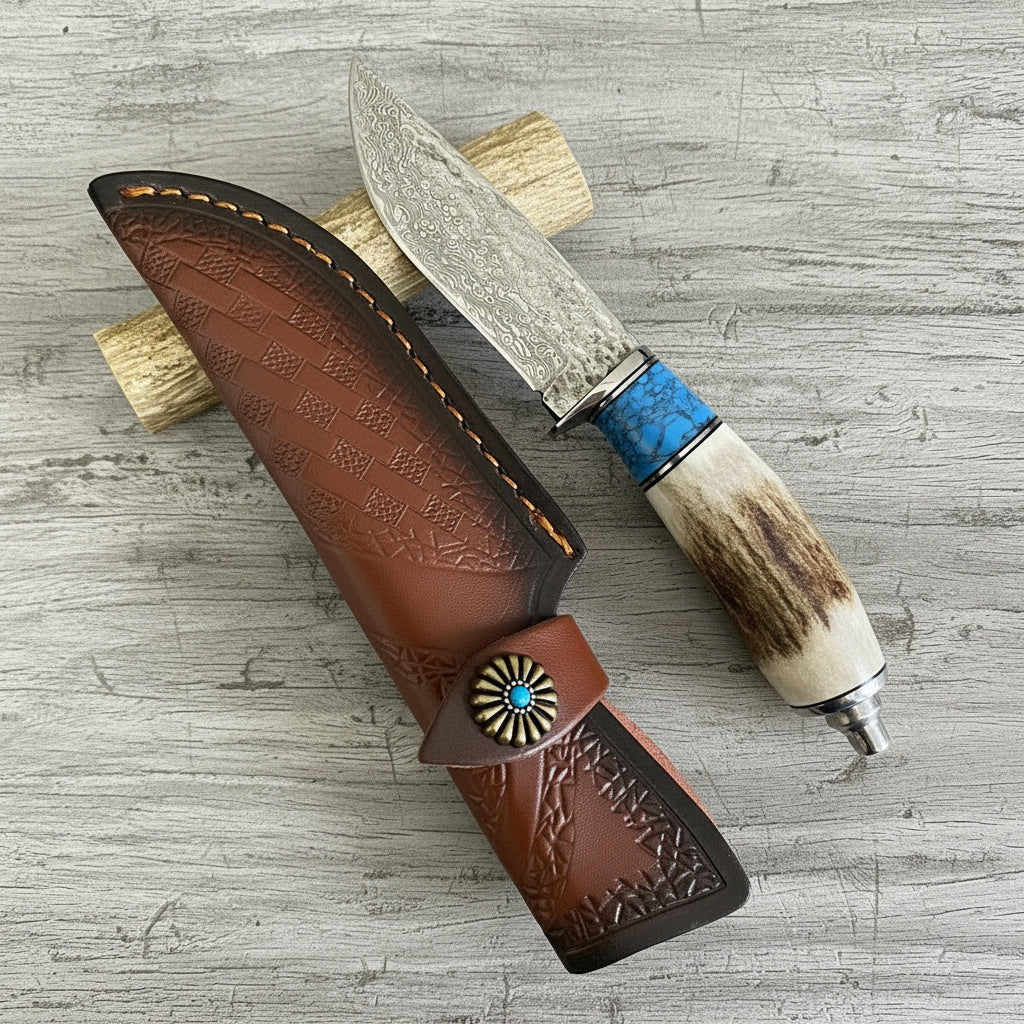 Damascus Steel Straight Knife – Antler & Turquoise Handle Outdoor Knife for Men | Gift Knife