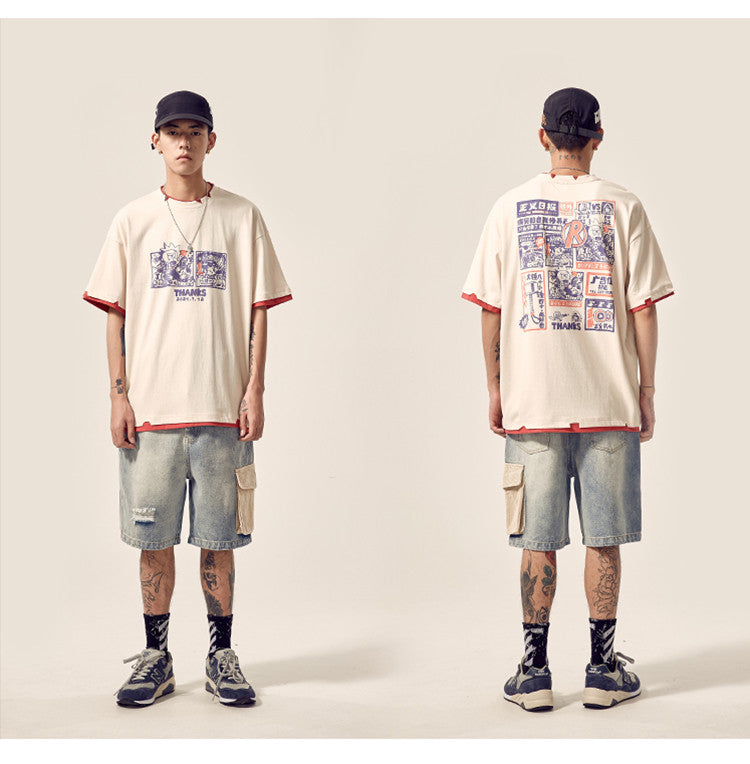 Men's distressed stitching loose denim shorts