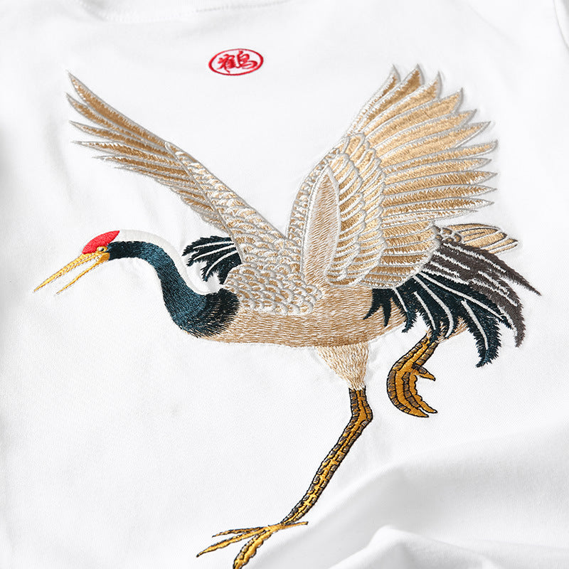 Vintage ethnic cotton embroidered crane t-shirt