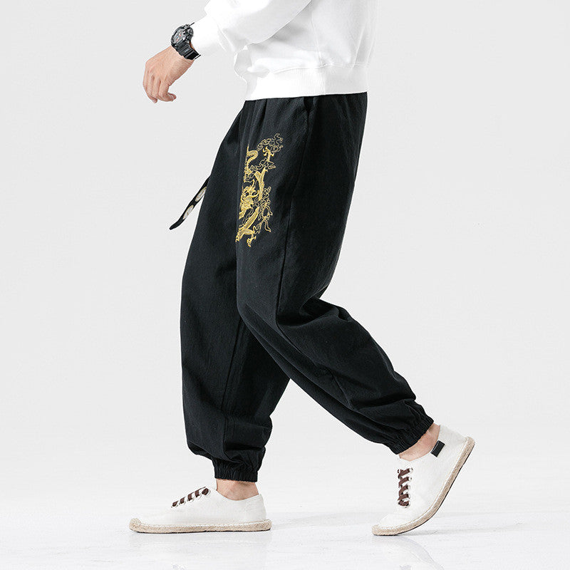 Oversized Loose Fit Dragon Fight Embroidered Casual Trousers
