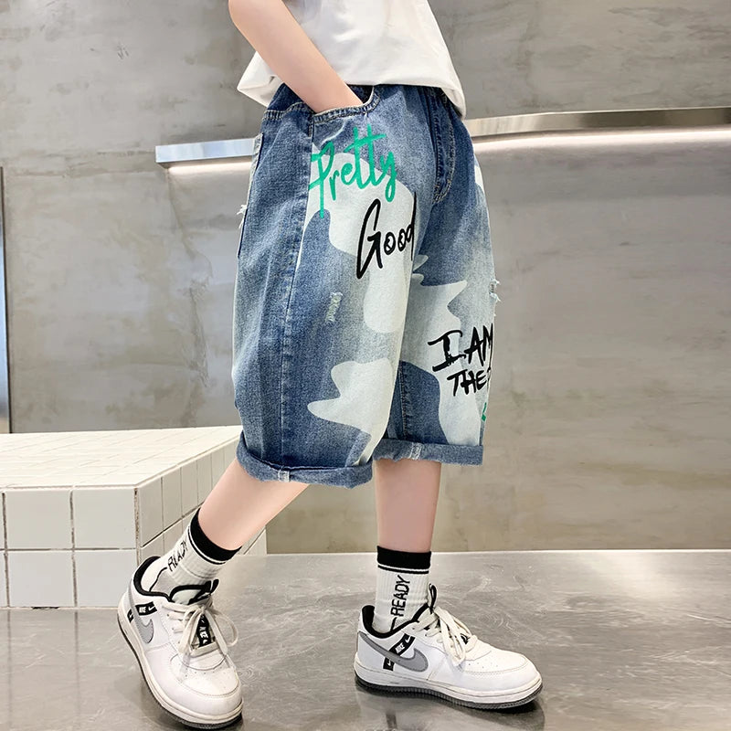 Kids Teenager Slim Denim Shorts For Boys Summer Capris Jeans Teens Children Casual Shorts Bottom Letter Print Mid-Calf Pants