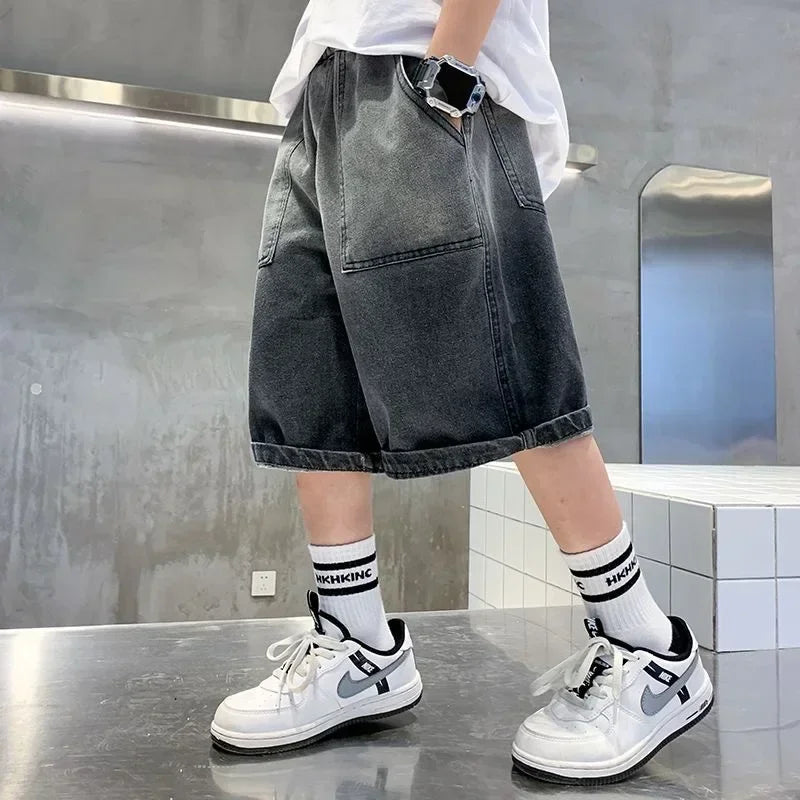Boys Summer Denim Five-point Pants Kids Fashion Gradient Color Denim Shorts Trousers Teen Casual Jeans Children's Clothing
