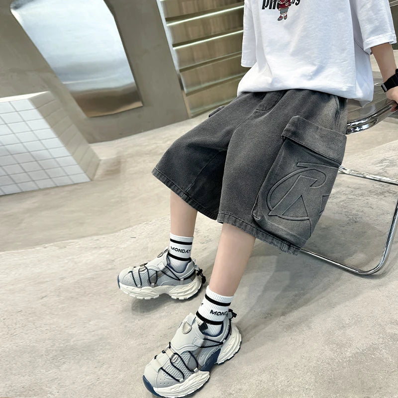 Loose Style Kids Child Summer Denim Cargo Shorts with Big Pocket For Teens Boy Knee Length Distressed Jeans Capris Pants 5-14 T