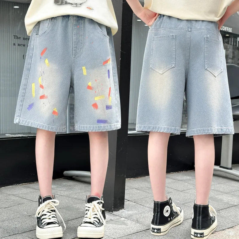 Summer Children Denim Shorts with Drawings for Teen Girl Fashion Printed Knee Length Jeans Capris Age 5 6 7 8 9 10 11 12 13 14 Y