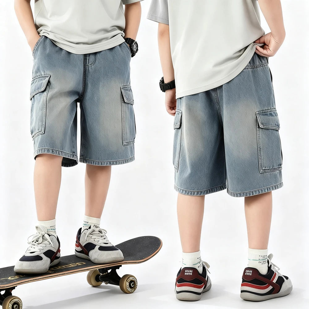 2026 New Teen Boys Short Jeans Summer Children Solid Color Big Pocket Wide Leg Denim Shorts Kids Clothes Loose Knee Length Pants