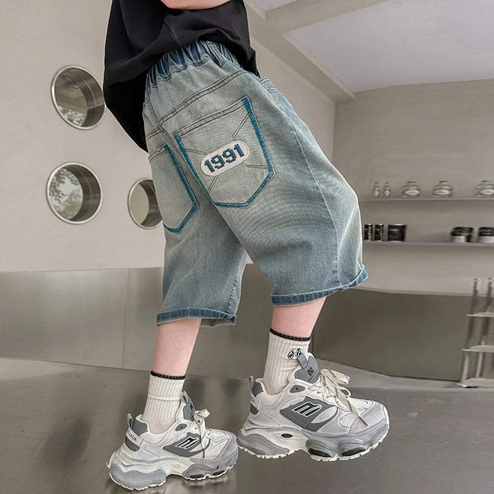 Boys Retro Gothic Denim Shorts For Boys Casual Knee Length short Jeans Teens Child Graffiti Print Summer Shorts with Drawings