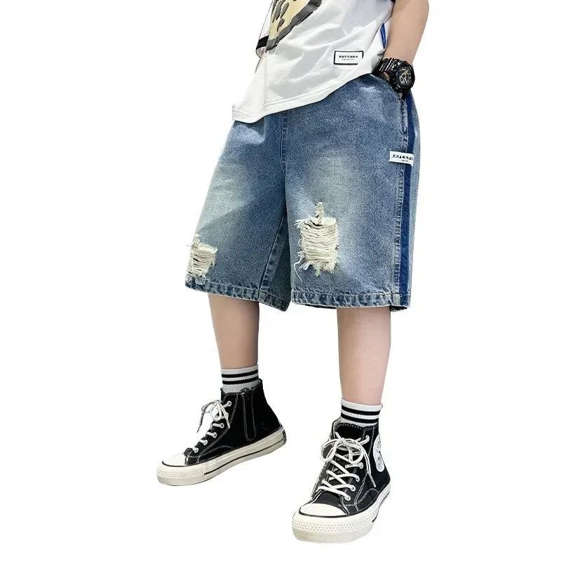 New 2025 Boys Summer Thin Denim Five-point Pants Kids Trendy Ripped Denim Shorts Trousers Teen Casual Jeans Children's Clothing
