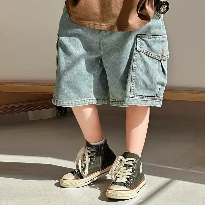 New 2025 Summer Fashion Boys Denim Five-point Pants Kids Casual Solid Thin Denim Shorts Trousers Teen Jeans Children's Clothing