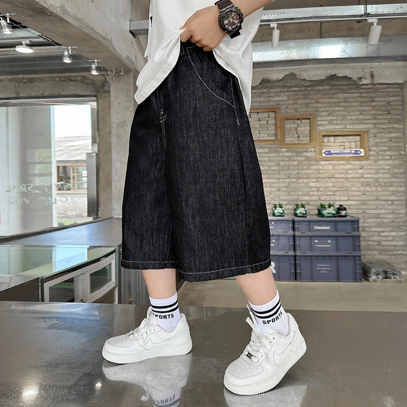 Teenage Child Black Denim With Y2K Fashion Style Trousers Toddler Age 4-14Y Boys Denim Shorts Teen Boys Casual Knee-Length Jeans