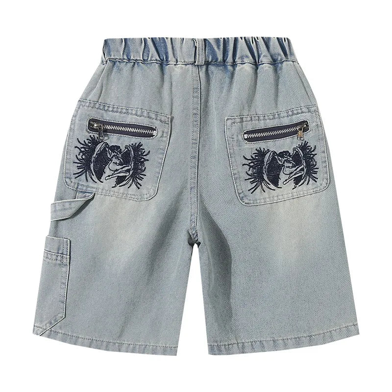 Kids Denim Shorts Teen Boys Casual Knee-Length Jeans Teenage Child Blue Denim With Cartoon Printed Trousers Toddler Ages 4-14Y