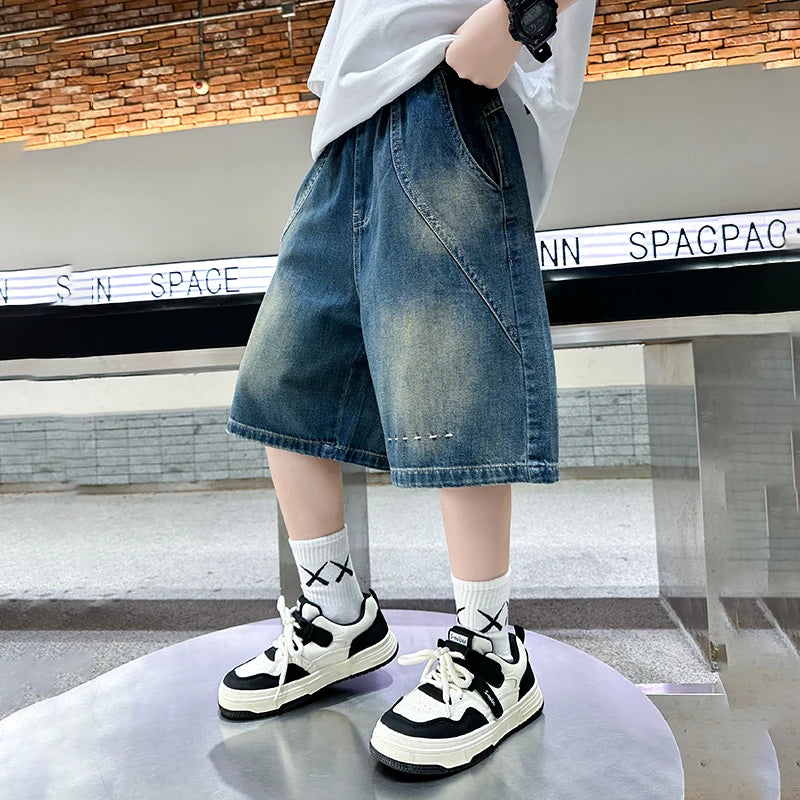 Teenage Child Blue Denim With Y2K Fashion Style Trousers Toddler Ages 4-14Y Boys Denim Shorts Teen Boys Casual Knee-Length Jeans