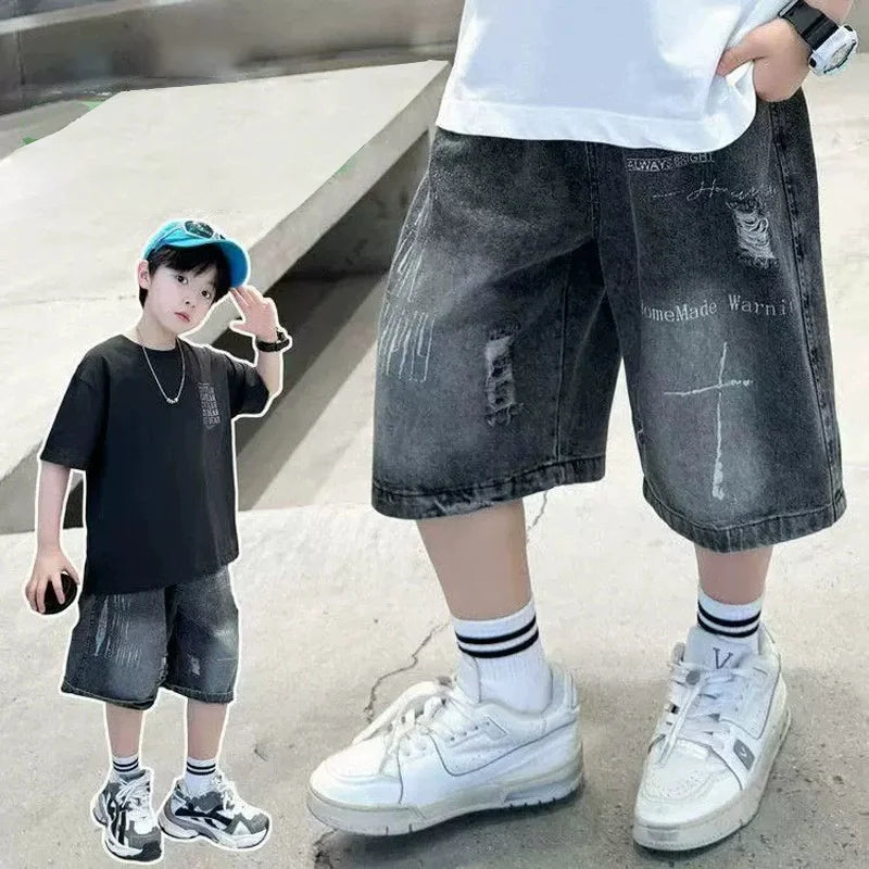 Boys Summer Fashion Ripped Denim Shorts 5-14 Years Kids Cool Big Pocket Cargo Pants Teen Casual Loose Knee-Length Sweatpants