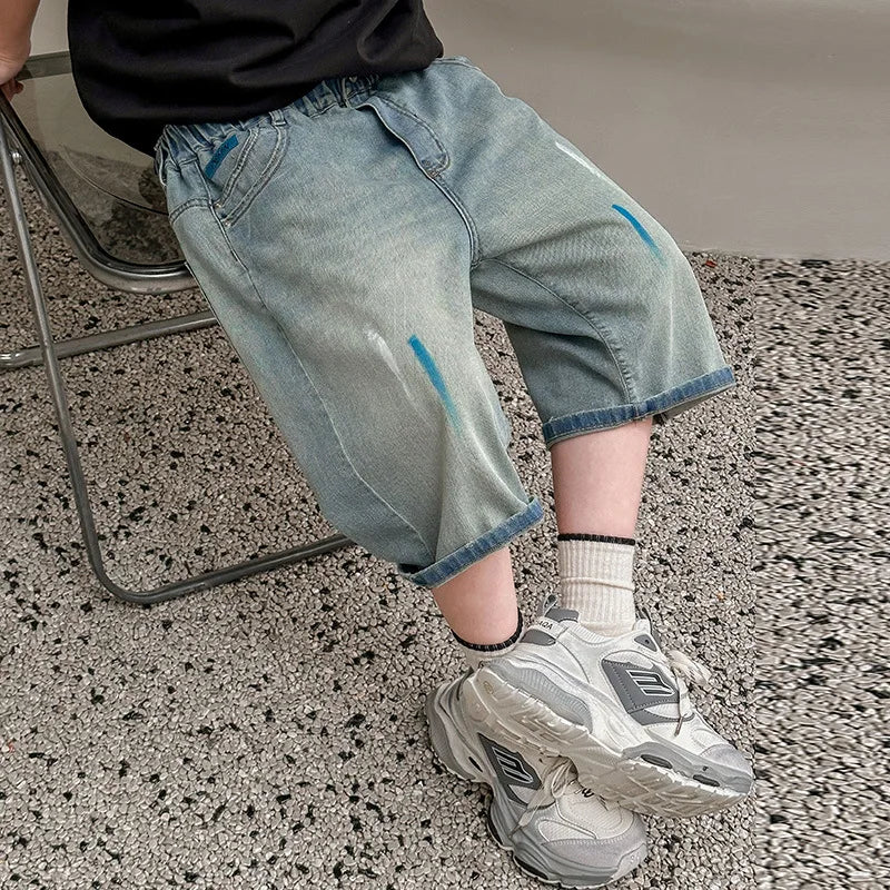 Boys Retro Gothic Denim Shorts For Boys Casual Knee Length short Jeans Teens Child Graffiti Print Summer Shorts with Drawings