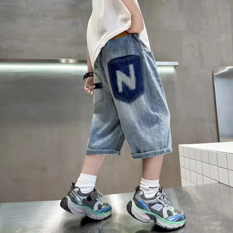 New Fashion Kids Denim Shorts For Boys Summer Hot Sale Cartoon Capris Jeans Teens Children Casual Shorts Bottom Mid-Calf Pants