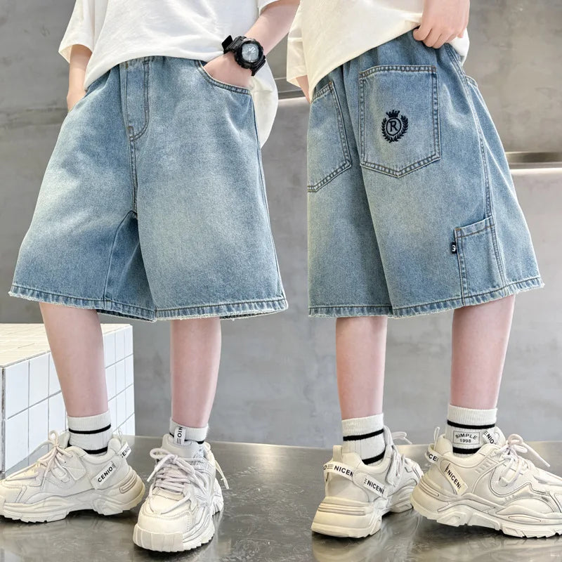 Kids Denim Shorts Teen Boys Casual Knee-Length Jeans Teenage Child Blue Denim With Cartoon Printed Trousers Toddler Ages 4-14Y