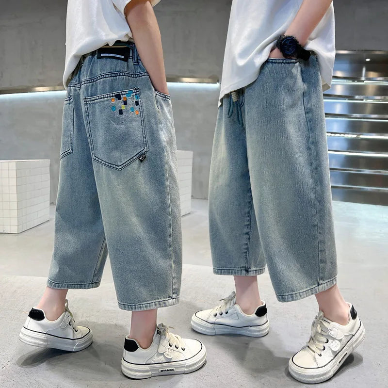 Korean Kids Casual Denim Shorts For Tween Boy Summer Clothes Costume Teens Child Print Baggy Capris Jeans Pants with Drawstring