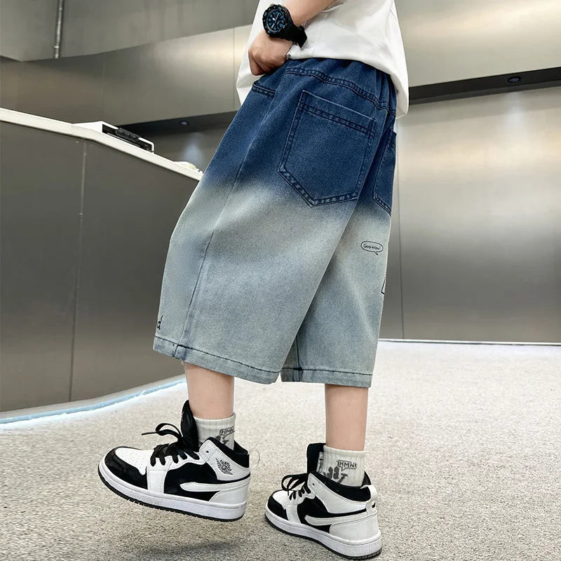 Elegant Kids Summer Blue Gradient Denim Shorts for Teens Boy New Fashion Street Style Knee Length Jeans Shorts 5 7 9 11 13 14 Y