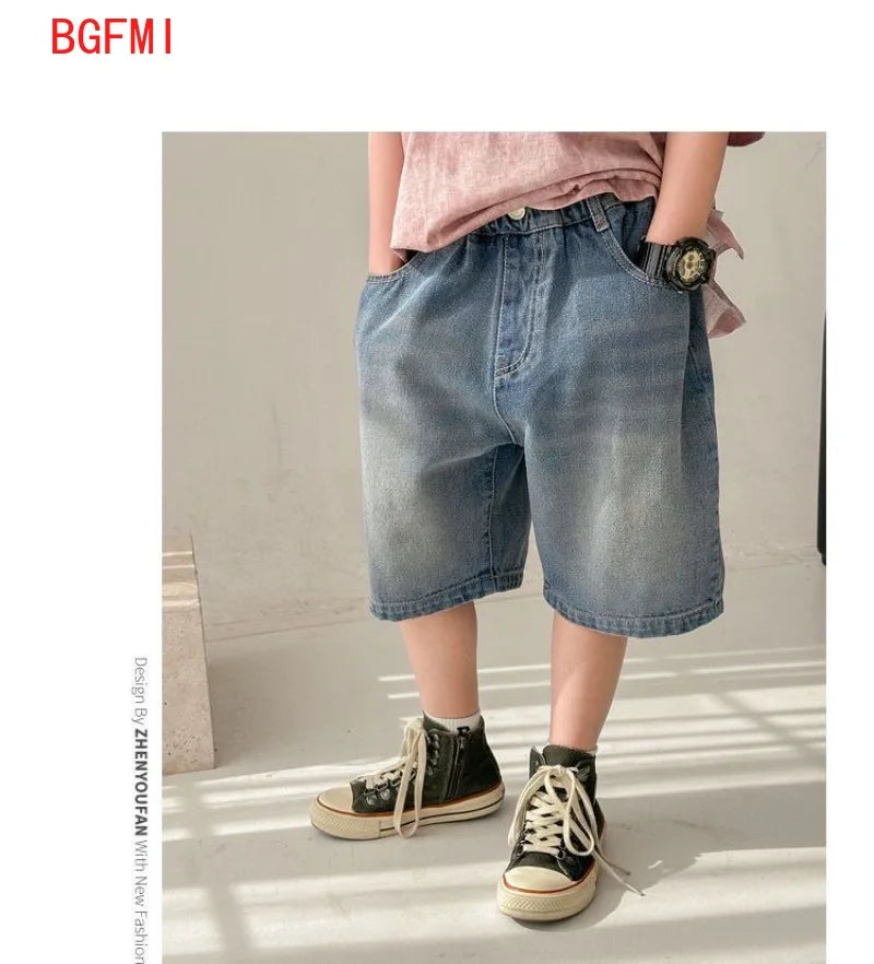 Korean Kids Boy Loose Straight Casual Jeans Shorts Child Blue Denim Shorts 4-14Y Junior Bottoms Summer Clothes for Teen Boys