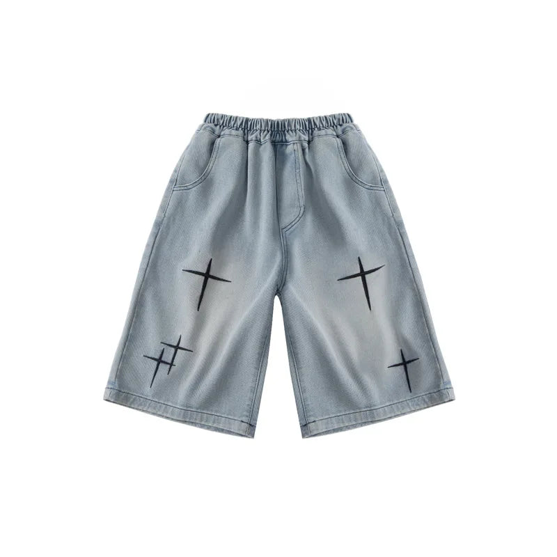 New Summer Teen Boys Shorts Jeans Fashion Letter Print Short Denim Pants For 5-14 Years Kids Children Trousers