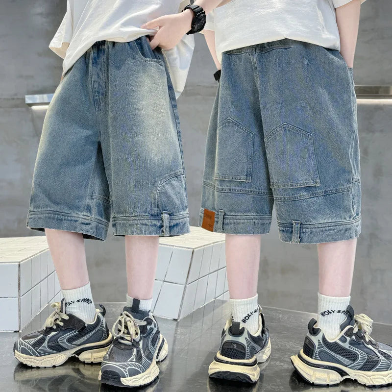 Kids Denim Shorts Teen Boys Casual Knee-Length Jeans Teenage Child Blue Denim With Cartoon Printed Trousers Toddler Ages 4-14Y