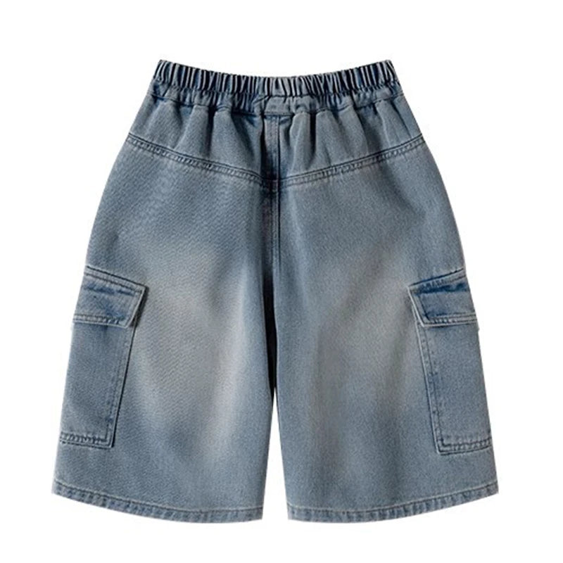 2026 New Teen Boys Short Jeans Summer Children Solid Color Big Pocket Wide Leg Denim Shorts Kids Clothes Loose Knee Length Pants