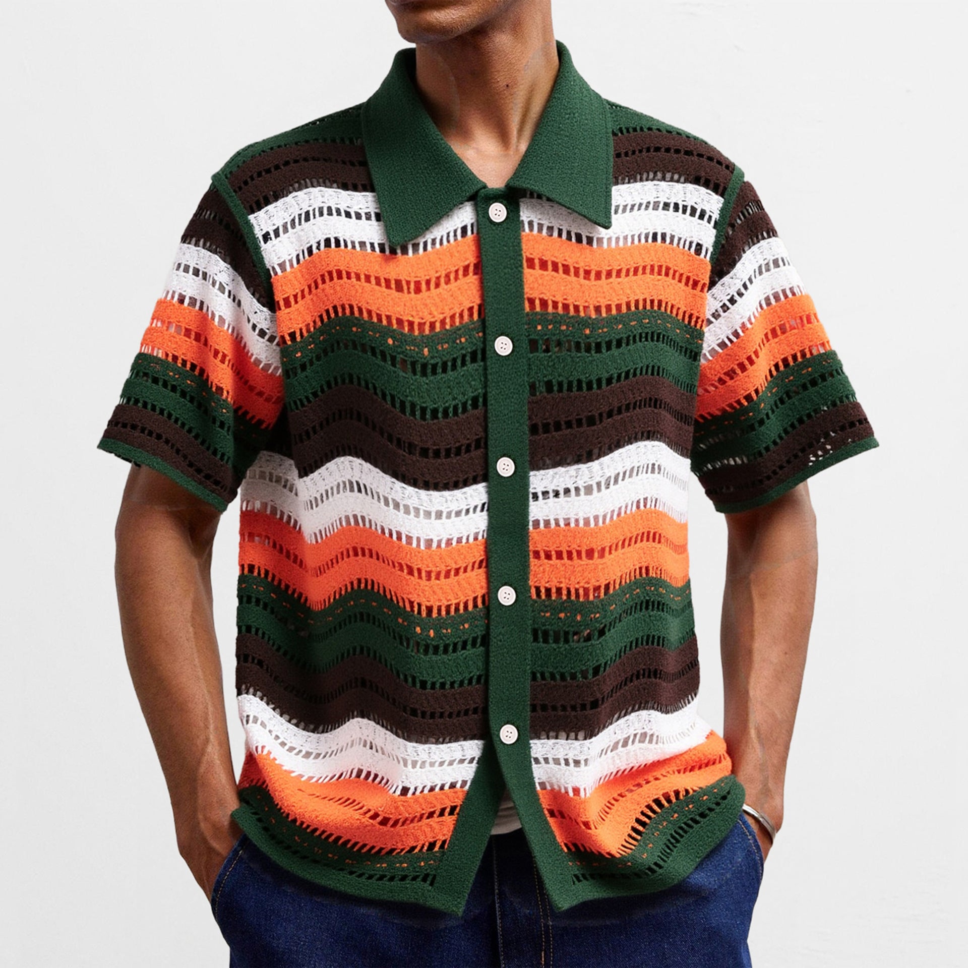 Men's Lapel Short-Sleeve Crochet Polo Shirt