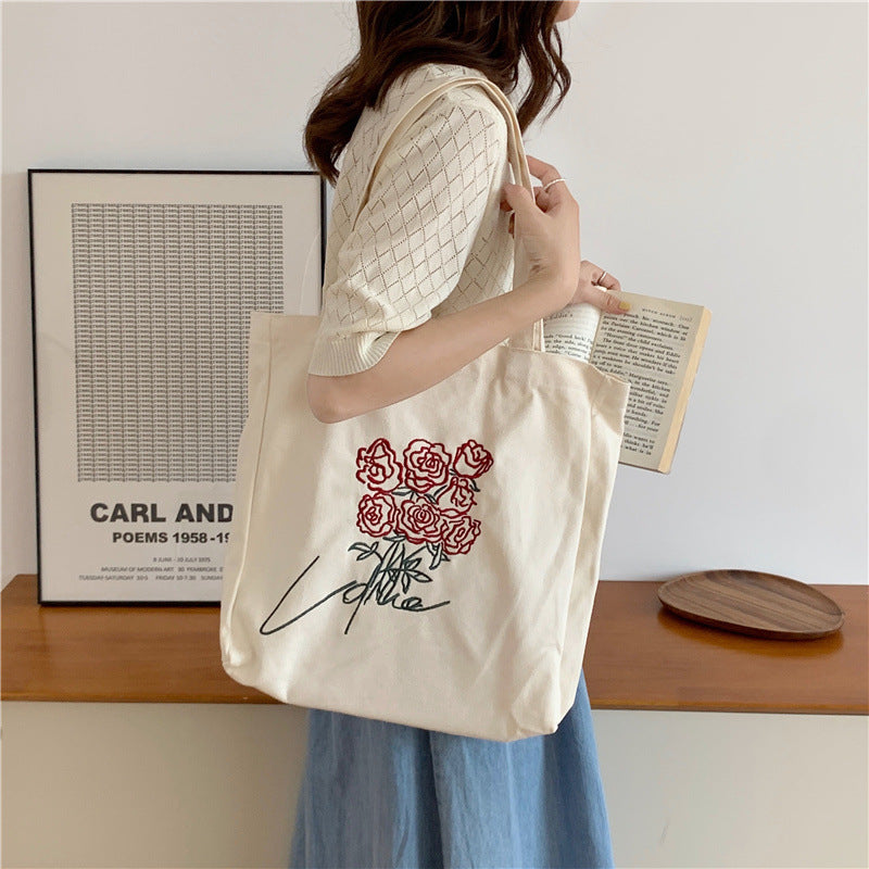 Korean Embroidered Rose Vintage Canvas Bag