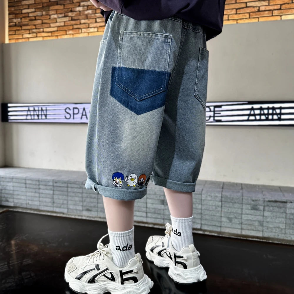 Teen Children's Shorts 2025 Summer New Kids Denim pants thin pants large children loose Boys with five Quarter pants 4-15Years